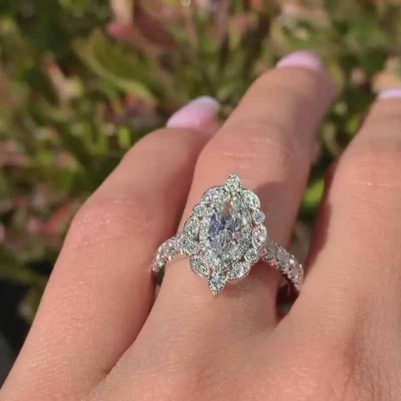Marquise Cut Diamond White Sterling Silver Halo Engagement Ring