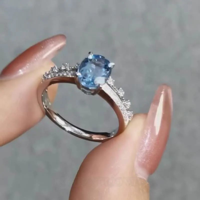 Oval Cut Aquamarine Blue Sterling Silver Engagement Ring