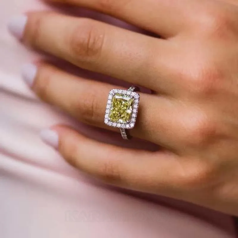 Radiant Cut Citrine Yellow Sterling Silver Halo Engagement Ring