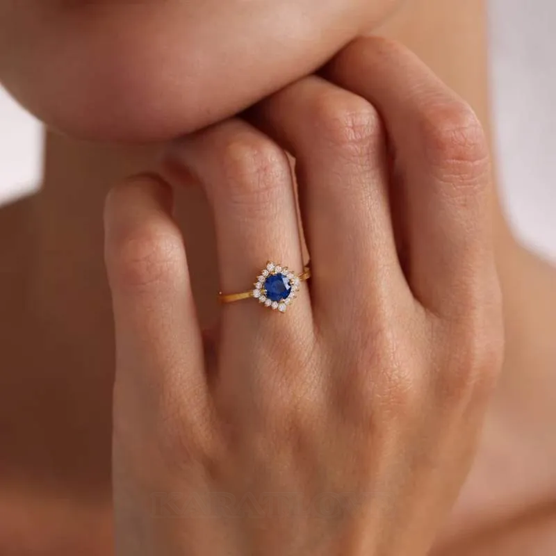 Round Cut Sapphire Blue Sterling Silver Yellow Gold Halo Engagement Ring Round Cut Sapphire Blue Sterling Silver Yellow Gold Halo Engagement Ring