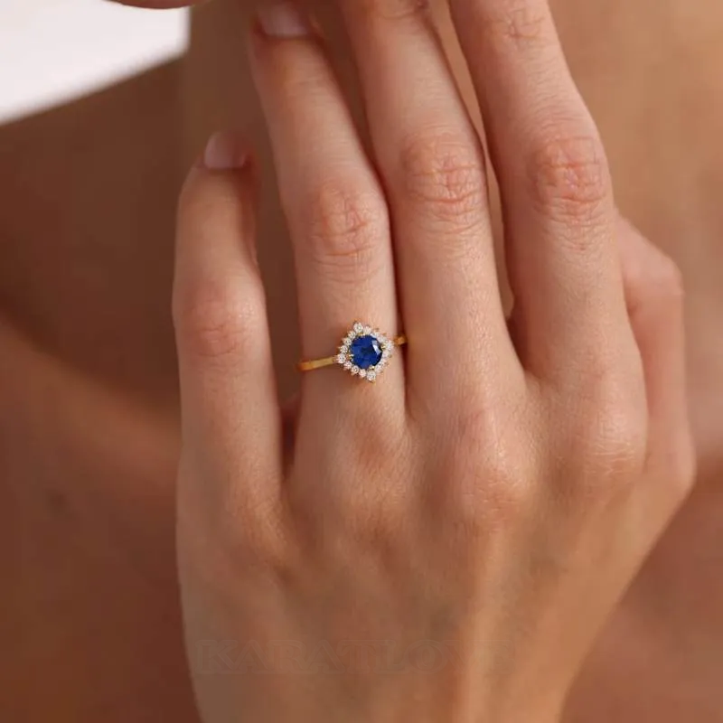 Round Cut Sapphire Blue Sterling Silver Yellow Gold Halo Engagement Ring