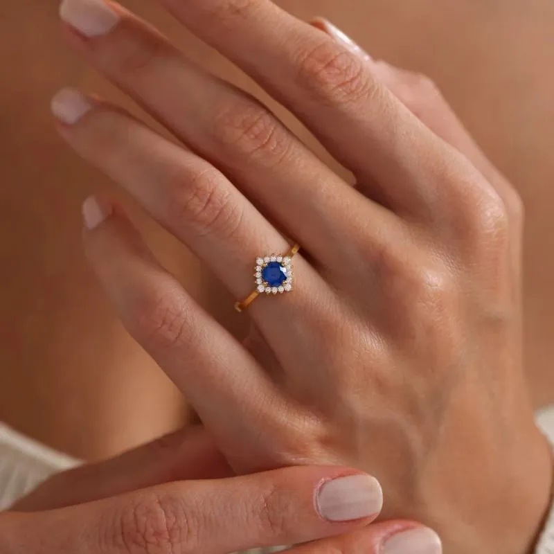 Round Cut Sapphire Blue Sterling Silver Yellow Gold Halo Engagement Ring