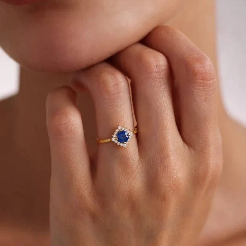 Round Cut Sapphire Blue Sterling Silver Yellow Gold Halo Engagement Ring