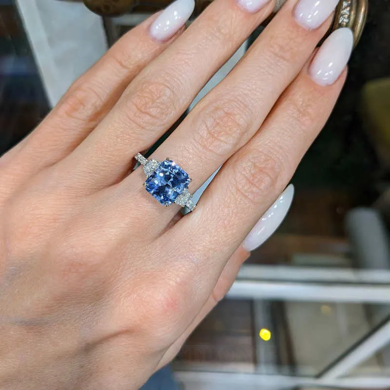 Radiant Cut Sapphire Blue Sterling Silver 3-Stone Engagement Ring