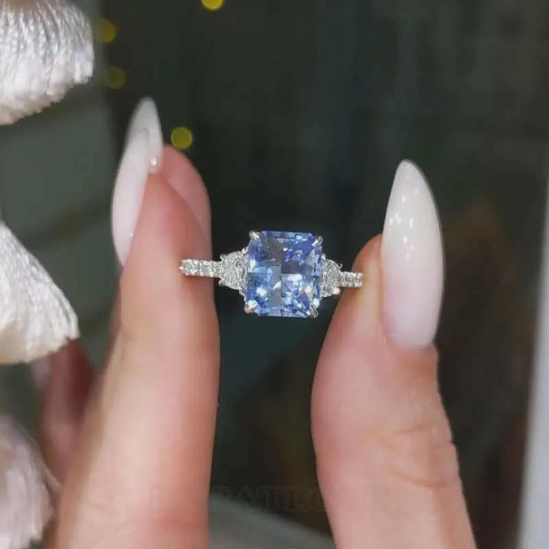 Radiant Cut Sapphire Blue Sterling Silver 3-Stone Engagement Ring