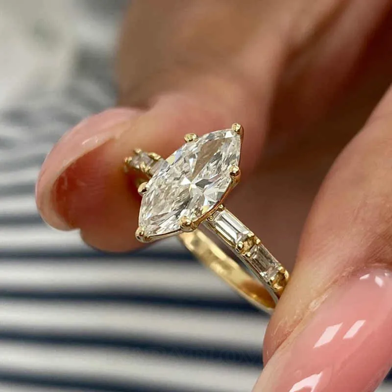 Marquise Cut Diamond White Sterling Silver Yellow Gold Engagement Ring Marquise Cut Diamond White Sterling Silver Yellow Gold Engagement Ring