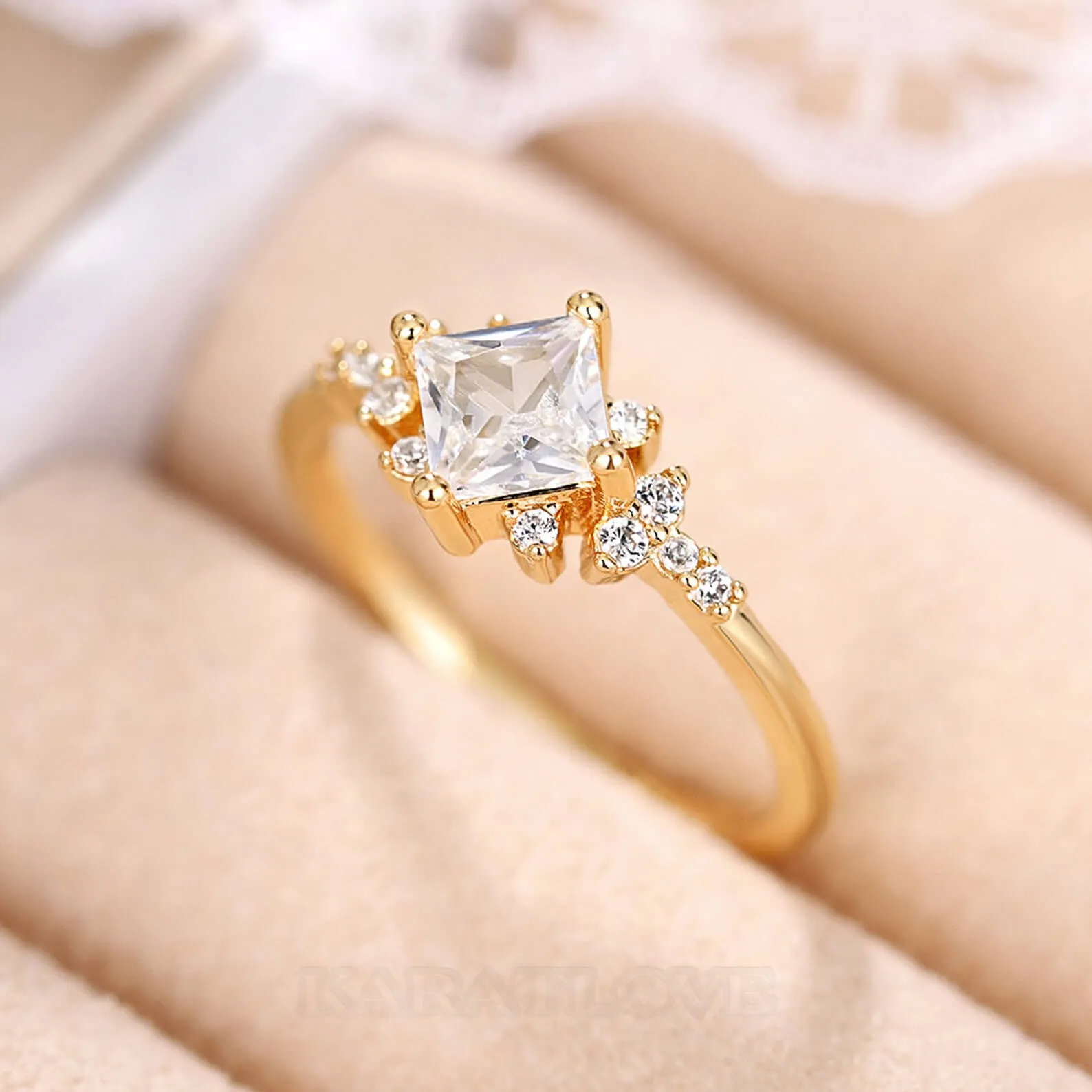 Princess Cut Diamond White Sterling Silver Yellow Gold Engagement Ring