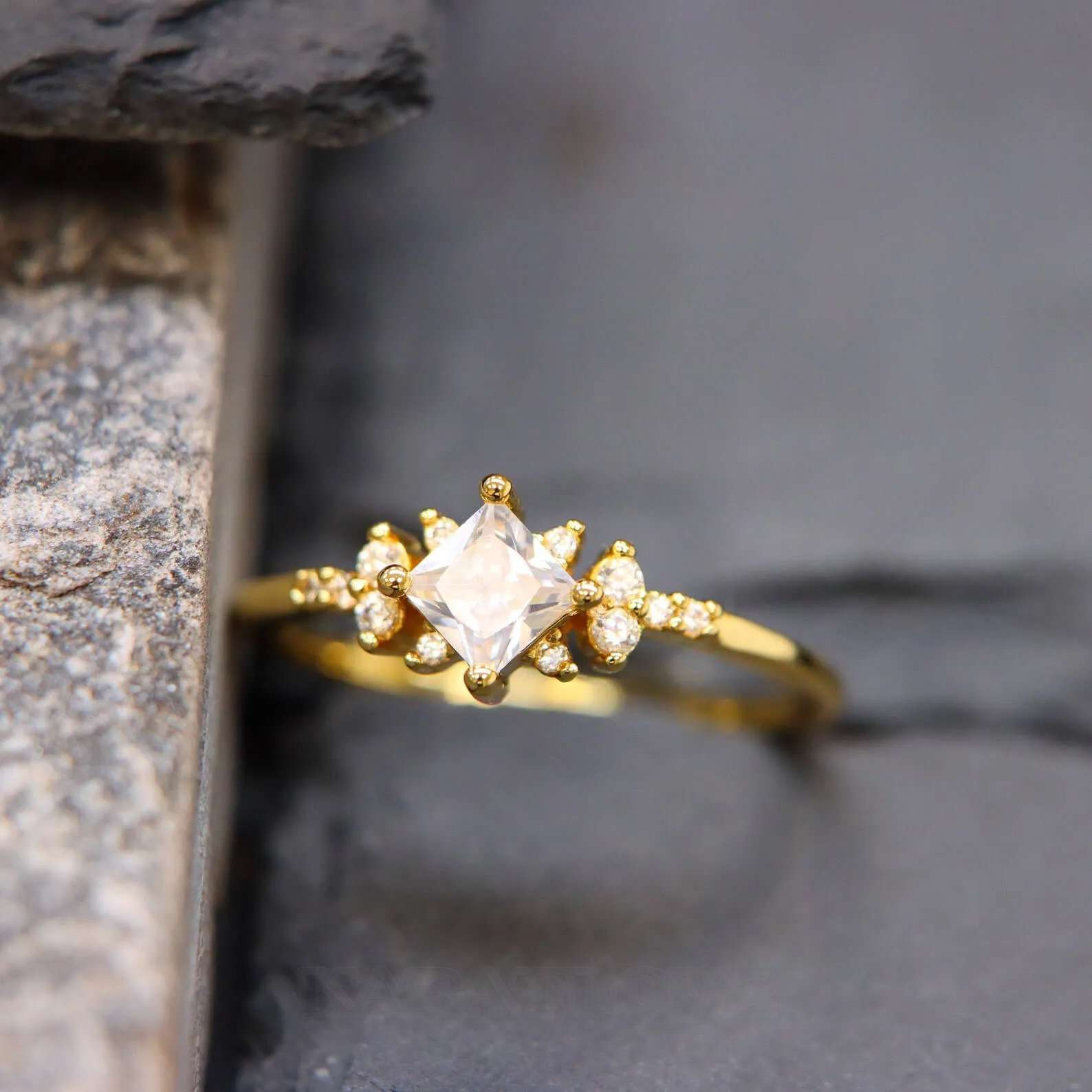 Princess Cut Diamond White Sterling Silver Yellow Gold Engagement Ring