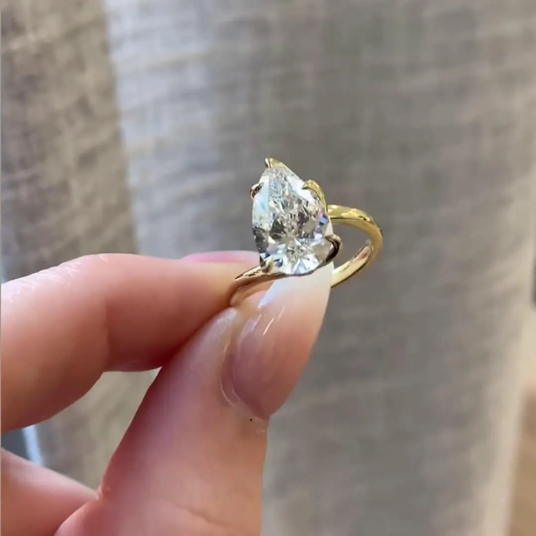 Pear Cut Diamond White Sterling Silver Yellow Gold Solitaire Engagement Ring Pear Cut Diamond White Sterling Silver Yellow Gold Solitaire Engagement Ring