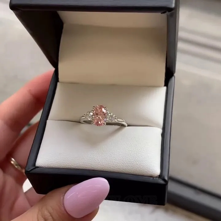 Oval Cut Fancy Pink Sterling Silver 3-Stone Engagement Ring