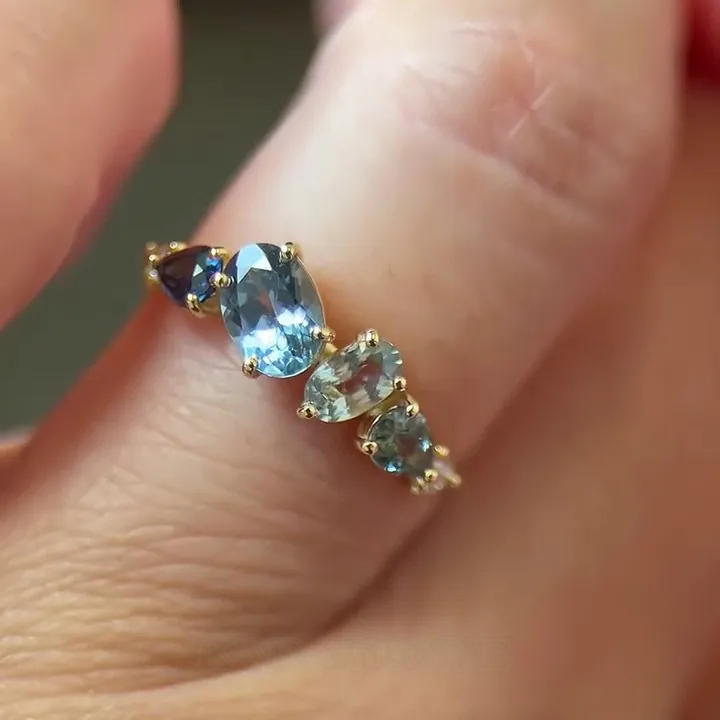 Oval Cut Aquamarine Blue Sterling Silver Yellow Gold Engagement Ring