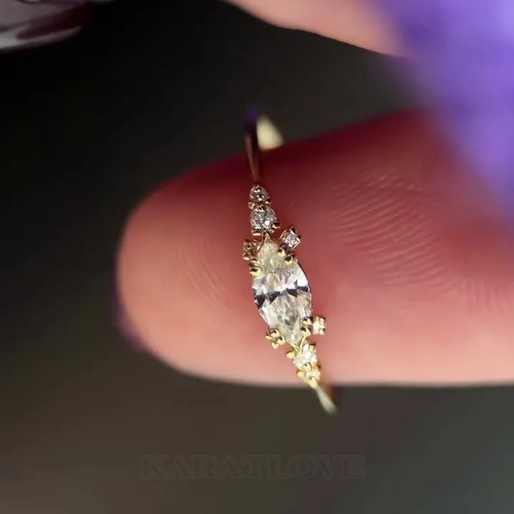 Marquise Cut Diamond White Sterling Silver Yellow Gold Engagement Ring