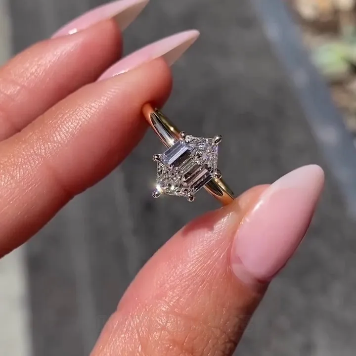 Hexagon Cut Diamond White Sterling Silver Yellow Gold Solitaire Engagement Ring