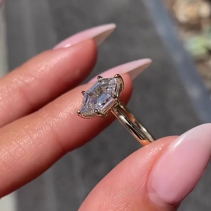 Hexagon Cut Diamond White Sterling Silver Yellow Gold Solitaire Engagement Ring