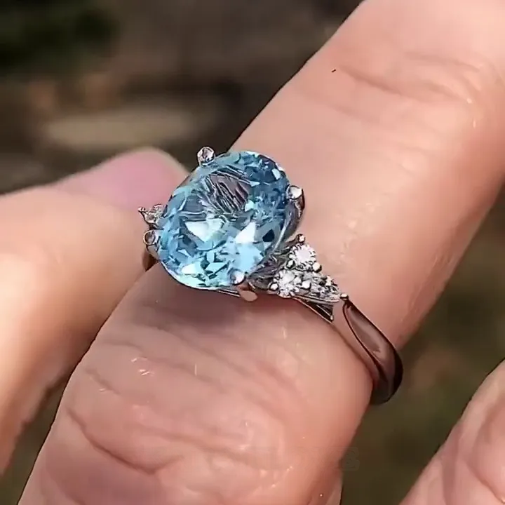 Oval Cut Aquamarine Blue Sterling Silver Engagement Ring