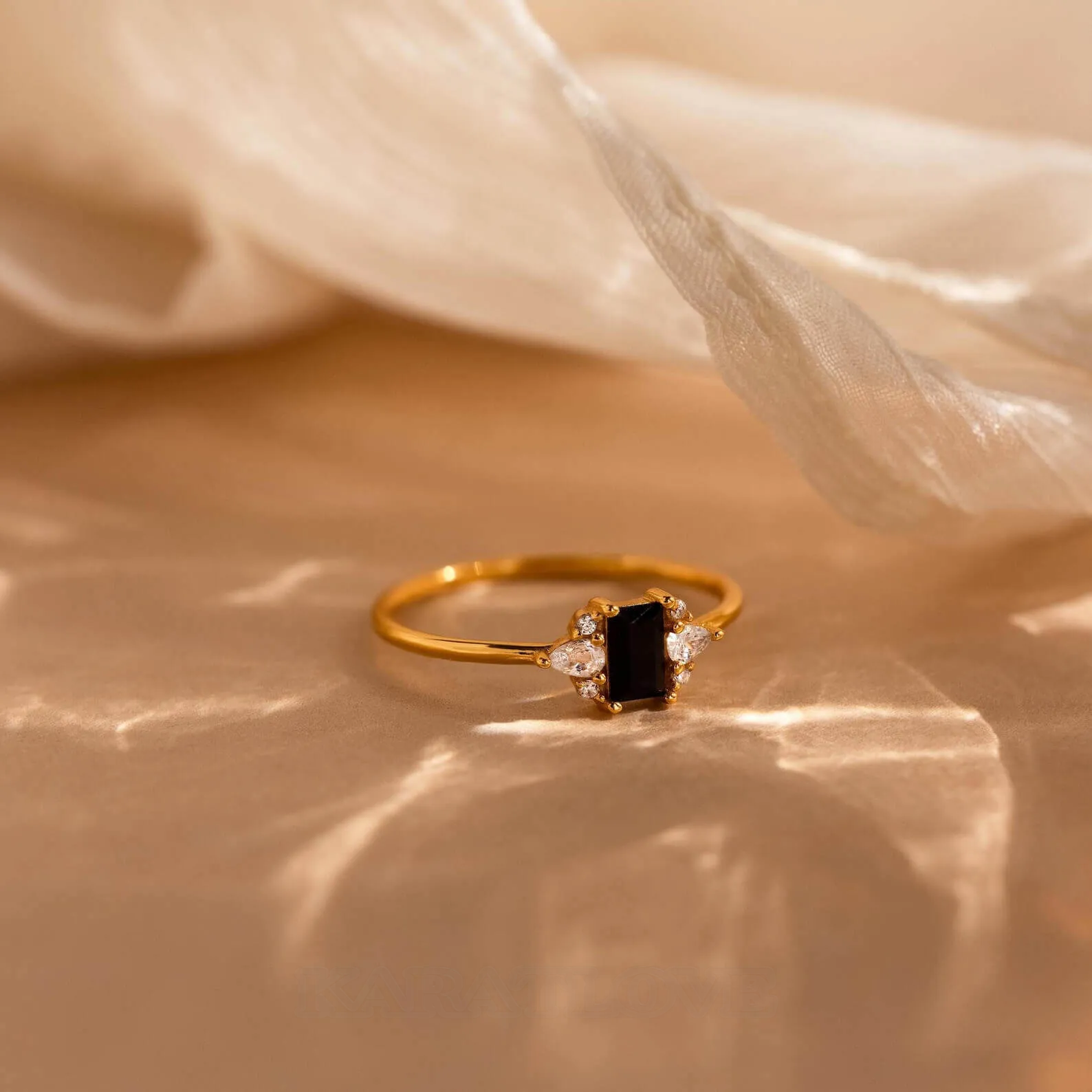 Emerald Cut Fancy Black Sterling Silver Yellow Gold 3-Stone Engagement Ring