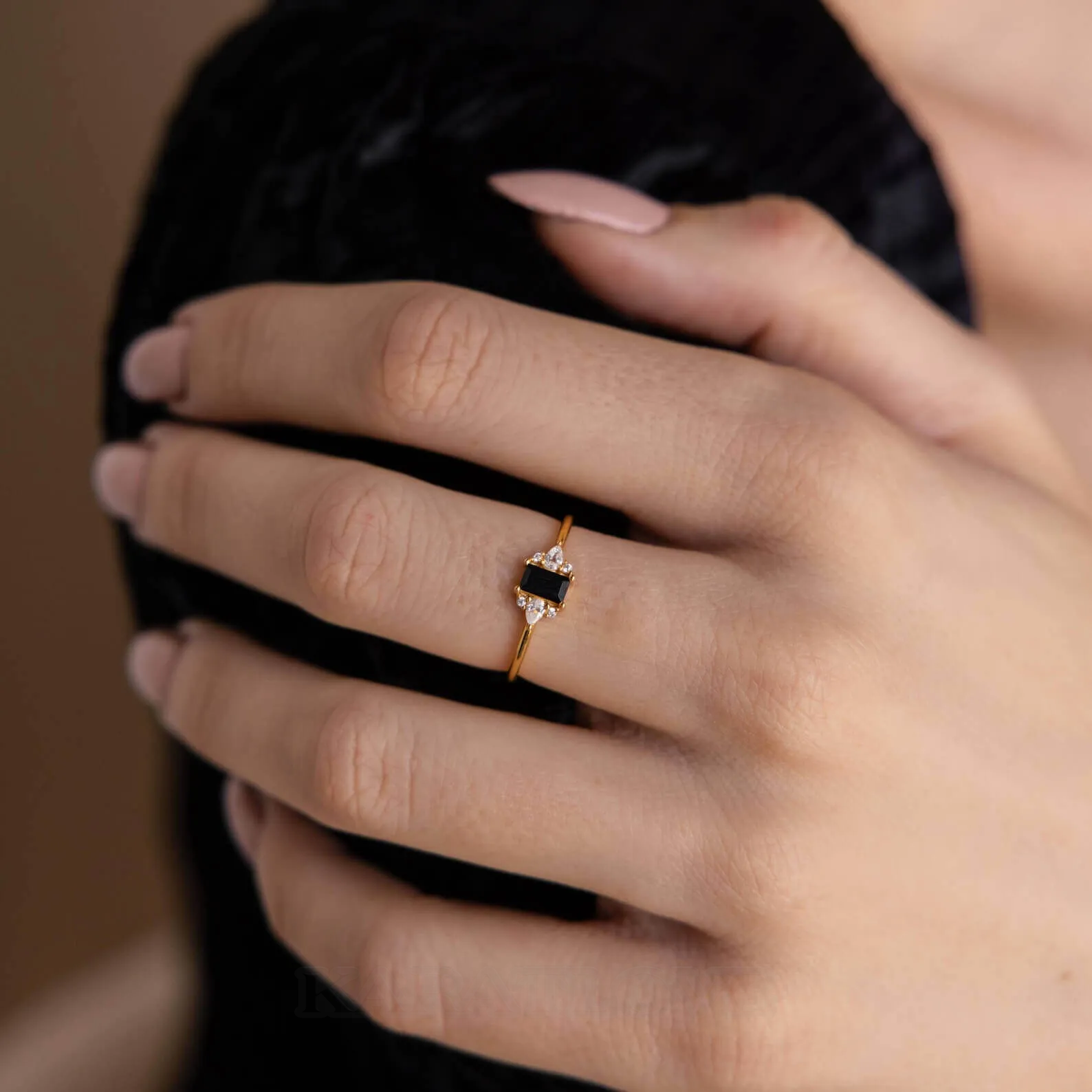 Emerald Cut Fancy Black Sterling Silver Yellow Gold 3-Stone Engagement Ring