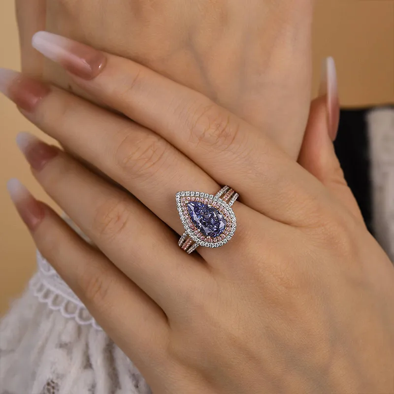 Pear Cut Aquamarine Blue Sterling Silver Double Halo Engagement Ring