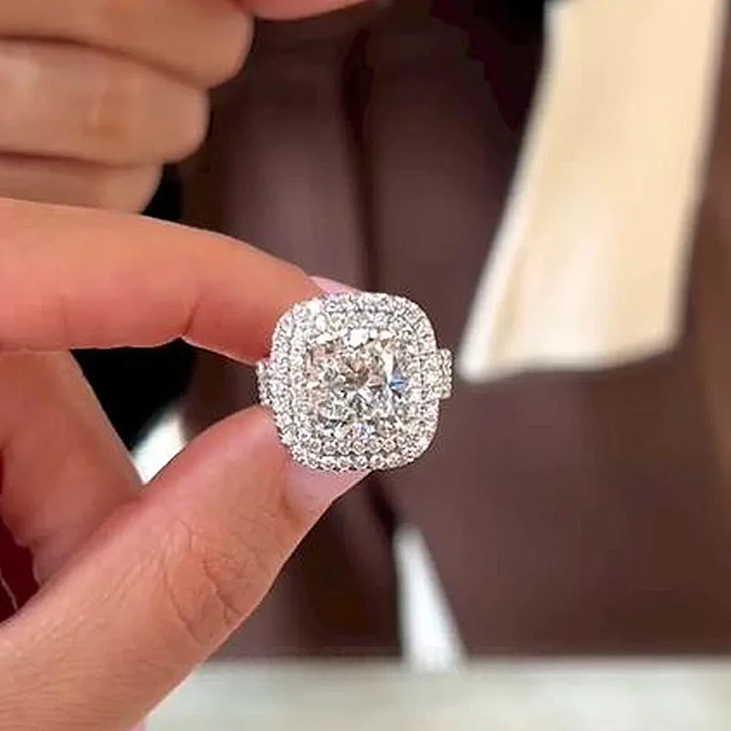 Cushion Cut Diamond White Sterling Silver Double Halo Engagement Ring Cushion Cut Diamond White Sterling Silver Double Halo Engagement Ring