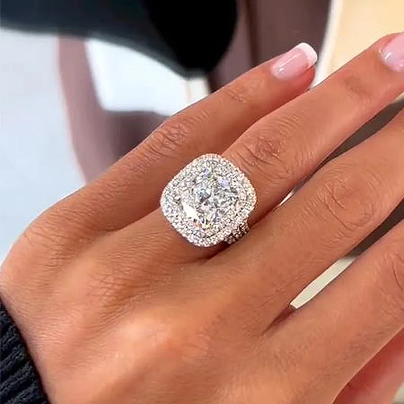 Cushion Cut Diamond White Sterling Silver Double Halo Engagement Ring