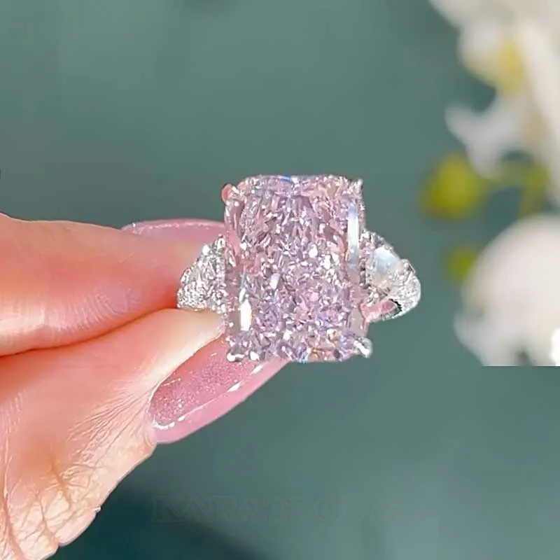 Radiant Cut Fancy Pink Sterling Silver 3-Stone Engagement Ring