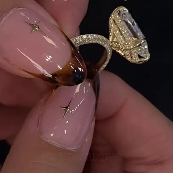 Radiant Cut Diamond White 925 Sterling Silver Yellow Gold Double Hidden Halo Engagement Rings