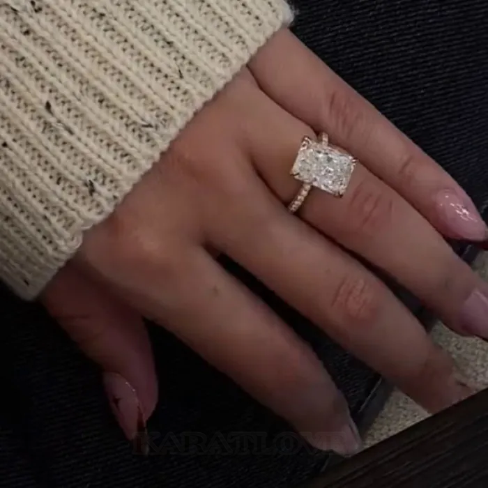 Radiant Cut Diamond White 925 Sterling Silver Yellow Gold Double Hidden Halo Engagement Rings