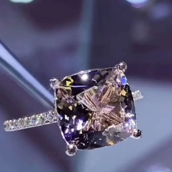 Cushion Cut Champagne 925 Sterling Silver Rose Gold Hidden Halo Engagement Ring