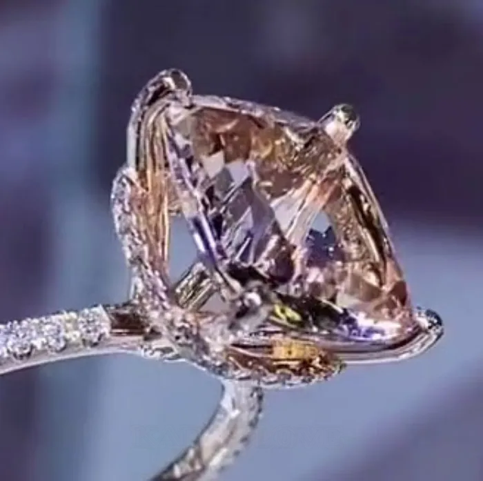 Cushion Cut Champagne 925 Sterling Silver Rose Gold Hidden Halo Engagement Ring