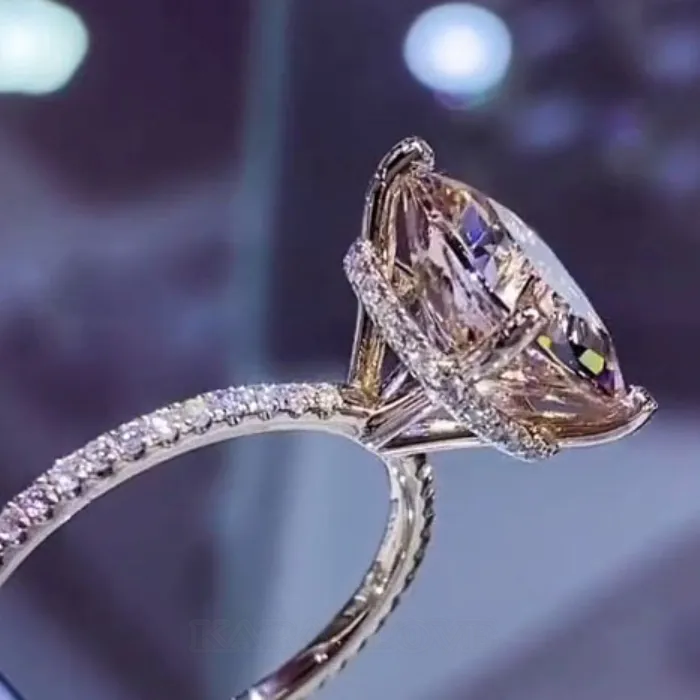 Cushion Cut Champagne 925 Sterling Silver Rose Gold Hidden Halo Engagement Ring