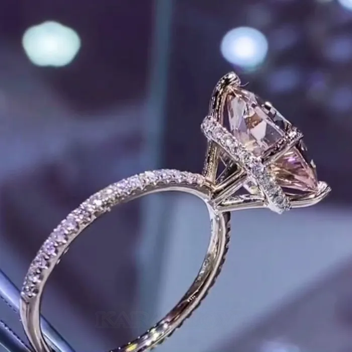 Cushion Cut Champagne 925 Sterling Silver Rose Gold Hidden Halo Engagement Ring