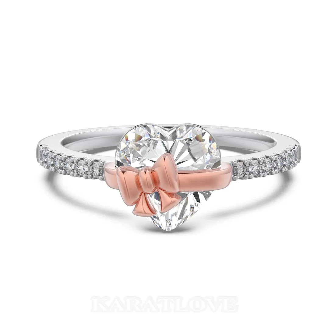 Heart Cut Diamond White Sterling Silver Heart Bow Engagement Ring