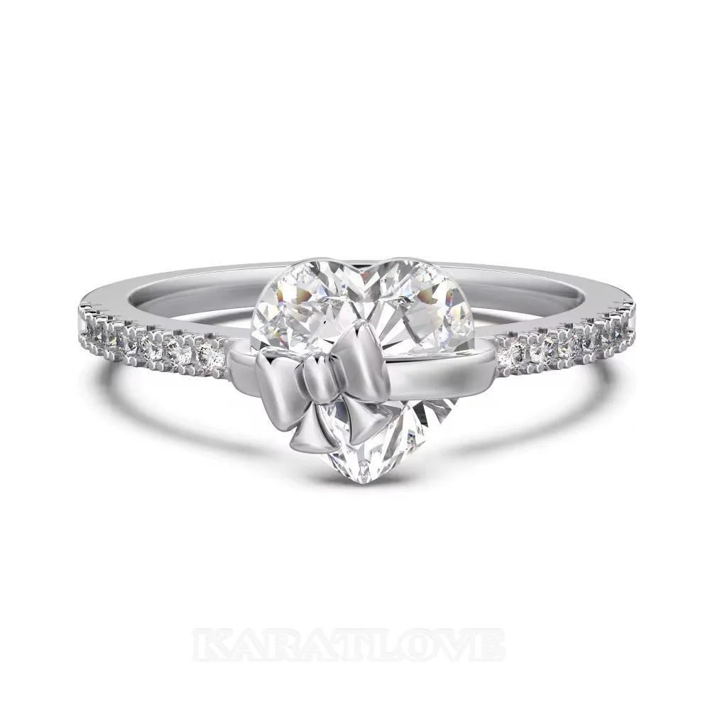 Heart Cut Diamond White Sterling Silver Heart Bow Engagement Ring