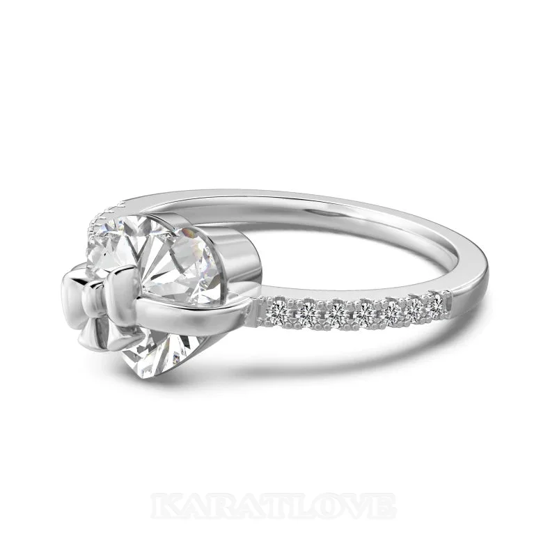 Heart Cut Diamond White Sterling Silver Heart Bow Engagement Ring