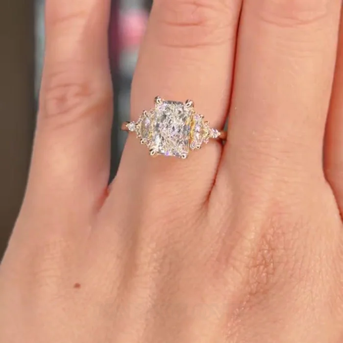 Radiant Cut Diamond White 925 Sterling Yellow Gold 3-Stone Engagement Ring