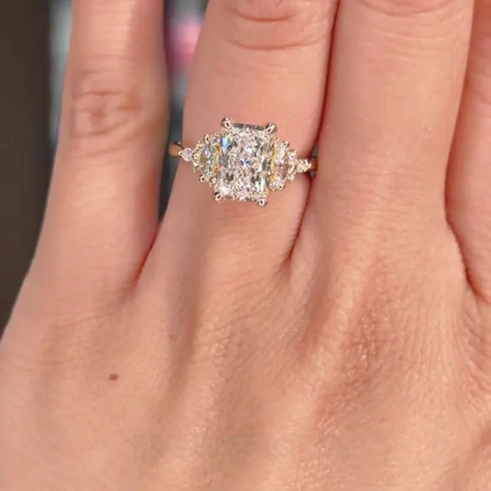Radiant Cut Diamond White 925 Sterling Yellow Gold 3-Stone Engagement Ring