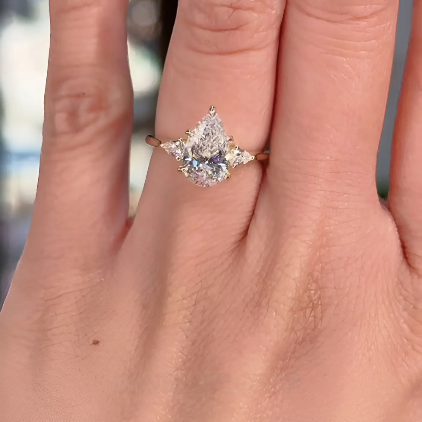 Pear Cut Diamond White 925 Sterling Yellow Gold 3-Stone Engagement Ring Pear Cut Diamond White 925 Sterling Yellow Gold 3-Stone Engagement Ring