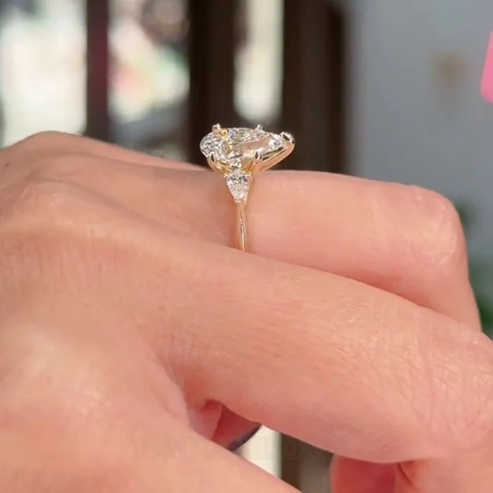 Pear Cut Diamond White 925 Sterling Yellow Gold 3-Stone Engagement Ring
