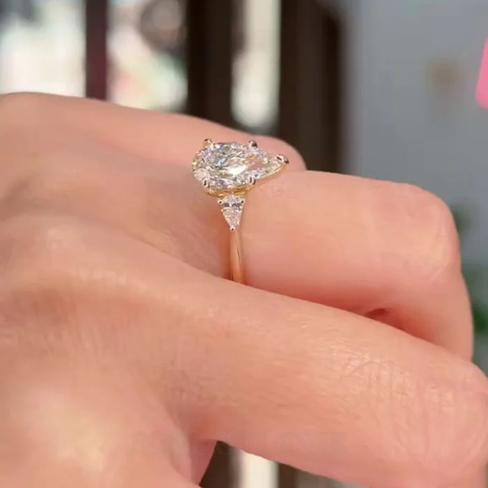 Pear Cut Diamond White 925 Sterling Yellow Gold 3-Stone Engagement Ring