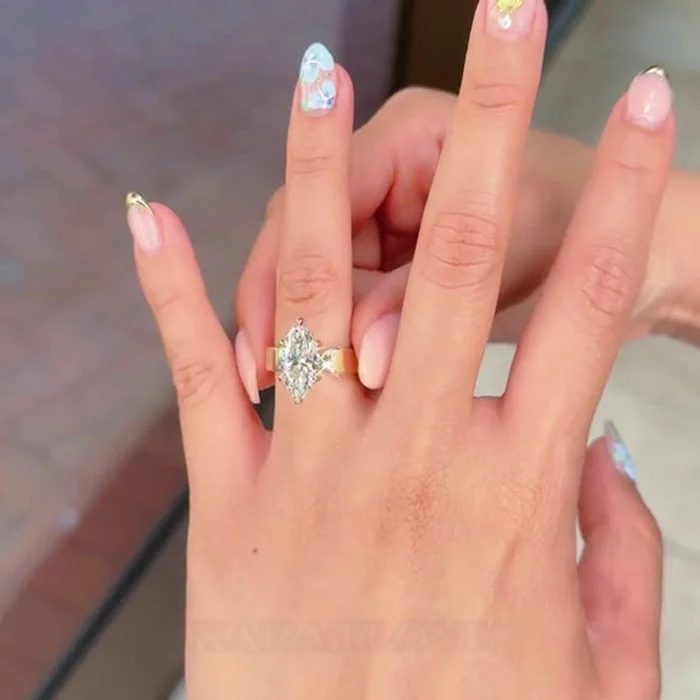 Marquise Cut Diamond White 925 Sterling Yellow Gold Engagement Ring.