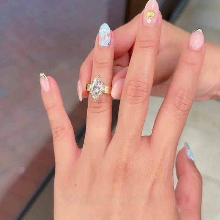 Marquise Cut Diamond White 925 Sterling Yellow Gold Engagement Ring.