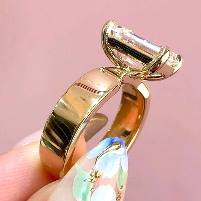 Emerald Cut Diamond White 925 Sterling Yellow Gold Engagement Ring