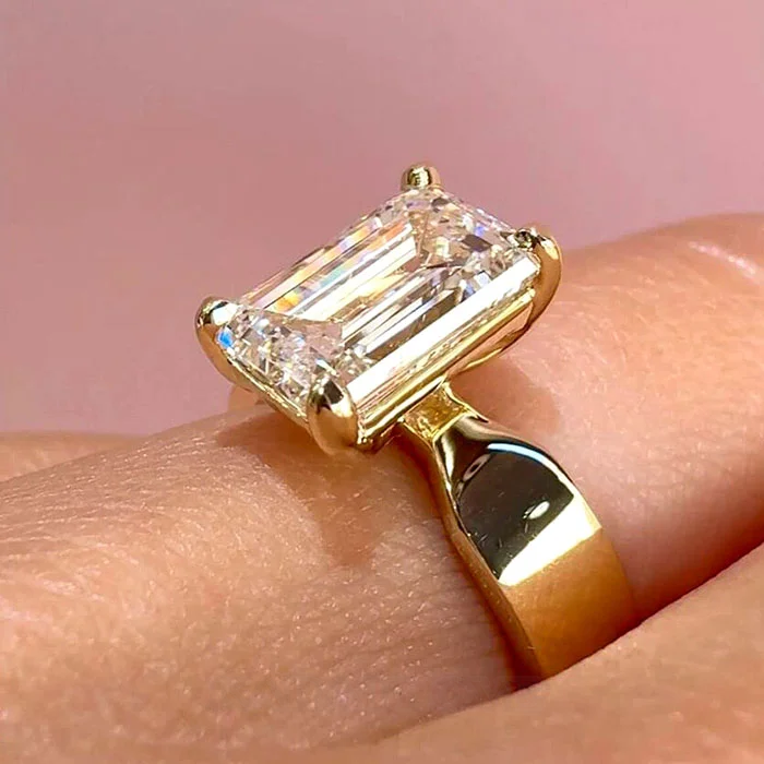 Emerald Cut Diamond White 925 Sterling Yellow Gold Engagement Ring