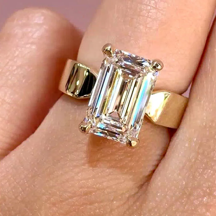 Emerald Cut Diamond White 925 Sterling Yellow Gold Engagement Ring