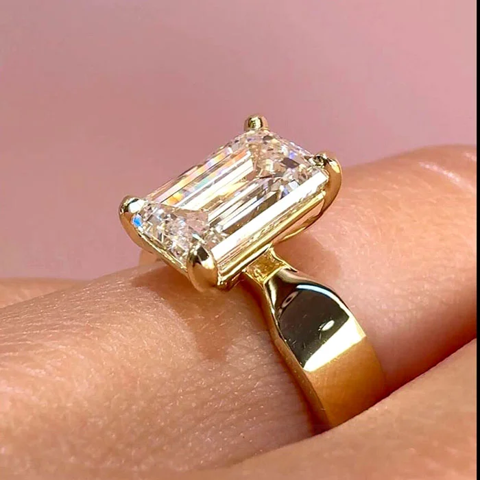 Emerald Cut Diamond White 925 Sterling Yellow Gold Engagement Ring