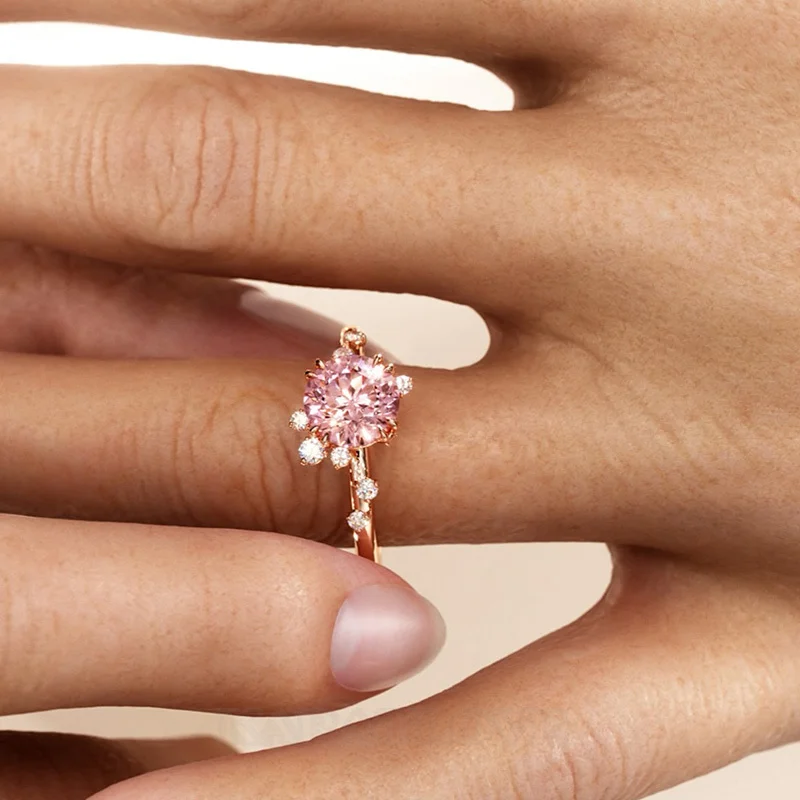Round Cut Fancy Pink Sterling Silver Sidestones Engagement Ring
