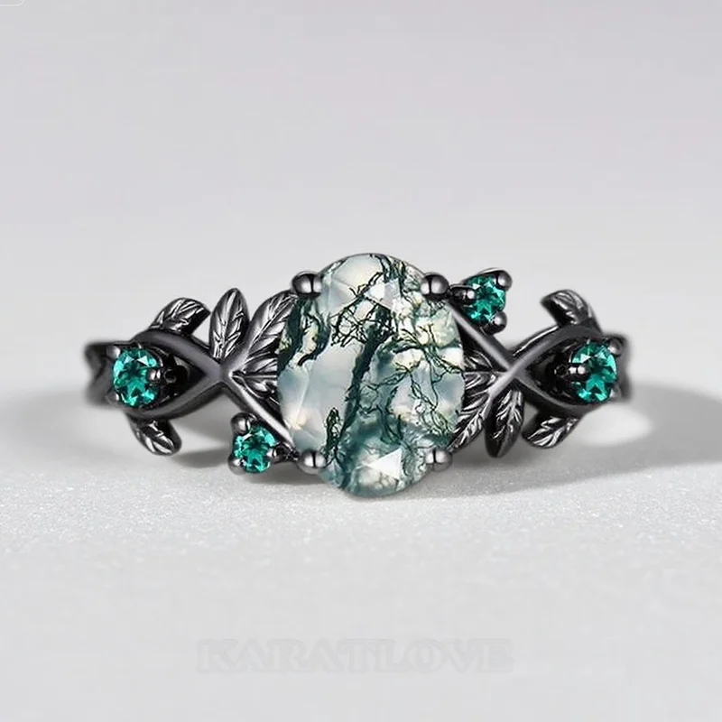 Oval Cut Green Moss Agate Nature Inspired Black Sterling Silver Engagement Ring