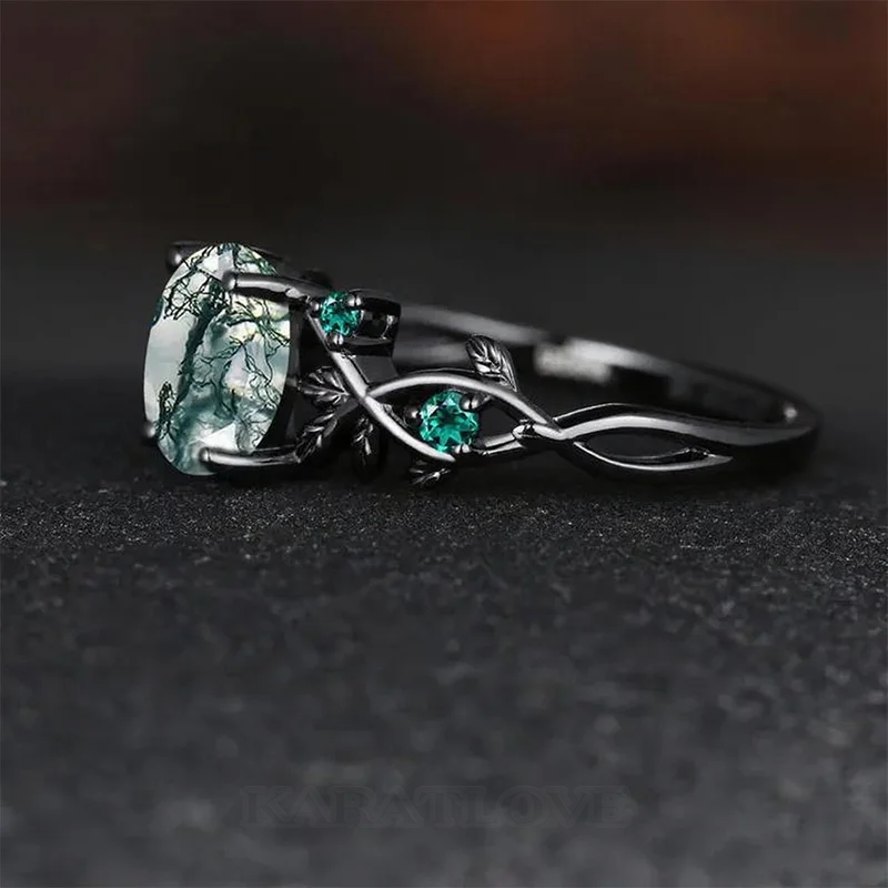 Oval Cut Green Moss Agate Nature Inspired Black Sterling Silver Engagement Ring