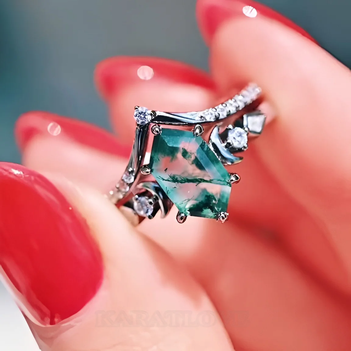 Hexagonal Cut Green Moss Agate Nature Inspired Sterling Silver Engagement Ring Hexagonal Cut Green Moss Agate Nature Inspired Sterling Silver Engagement Ring