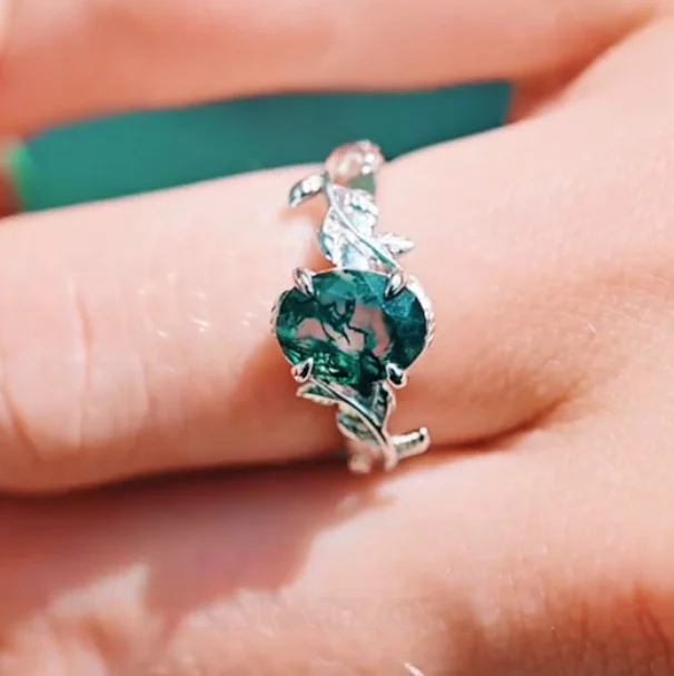 Oval Cut Green Moss Agate Nature Inspired Sterling Silver Engagement Ring